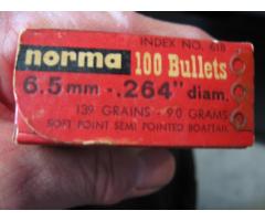 NORMA 6.5mm 139gr soft point semi pointed boat tail  .264dia.