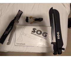 Sog tomahawk, Sog &Camillus machete and Barnett sling shot unused